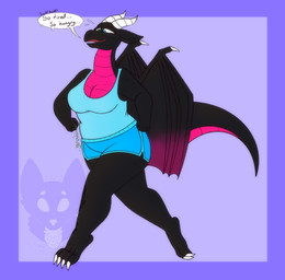 2_horns 4_claws 4_fingers 4_toes anthro back_wings barefoot biped black_body black_ears black_membrane black_scales black_tail black_text black_wings blue_bottomwear blue_clothing blue_eyes blue_shirt blue_shorts blue_tank_top blue_topwear bodily_fluids border bottomwear breasts breath claws cleavage clothed clothed_anthro clothed_female clothing countershade_neck countershade_scales countershade_tail countershade_torso countershading exercise feet female female_anthro fingers fist flying_sweatdrops folded_wings front_view horn hungry jogging lidded_eyes membrane_(anatomy) membranous_wings non-mammal_breasts panting pink_body pink_countershading pupils purple_border red_mouth rumbling_stomach scales shirt shorts simple_background slightly_chubby slightly_chubby_anthro slightly_chubby_female snout solo sweat sweatdrop tail tank_top text three-quarter_view toe_claws toes topwear ventral_scales white_horn white_speech_bubble wings strawberrymilkdog european_mythology mythology rosa_(highcaloriesand) dragon mythological_creature mythological_scalie scalie western_dragon 2022 colored english_description english_text full-length_portrait hi_res portrait watermark