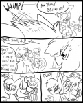 2012 angry applejack_(mlp) black_and_white black_border border clothed clothing comic cowboy_hat cutie_mark dialogue digital_media_(artwork) earth_pony english_text equid equine feathered_wings feathers female feral fight freckles friendship_is_magic grin group hair hasbro hat headgear headwear horse inside male mammal metal_(artist) monochrome my_little_pony mythological_creature mythological_equine mythology pegasus pony rainbow_dash_(mlp) simple_background smile text white_background wings