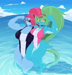 abs anthro big_breasts blue_body breasts clothing detailed_background duo exposure_variation female front_view green_hair hair long_hair looking_at_viewer one-piece_swimsuit pink_body sky smile smiling_at_viewer swimwear yellow_eyes byghosteduard scalie_schoolie undertale_(series) liska_(scalie_schoolie) undyne absurd_res hi_res