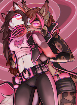 anthro belt bite black_hair blood bodily_fluids bottomwear breasts brown_body brown_fur brown_hair clothed clothed_anthro clothed_female clothing duo ear_piercing ear_ring fangs female female/female fur gloves glowing glowing_eyes hair handwear highlights_(coloring) hypnosis long_hair markings mind_control multicolored_hair orange_body orange_fur pants piercing pink_eyes pink_highlights restrained ring_piercing ringed_eyes sabertooth_(anatomy) shoulder_bite spots spotted_body spotted_fur supervillain teeth two_tone_hair white_body white_fur scarlet-frost ember_(nova-paw) zaide_(ashkelling) canid canine canis felid feline lynx mammal vampire wolf hi_res