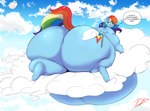 big_butt butt female feral hair huge_butt hyper hyper_butt looking_back morbidly_obese morbidly_obese_female multicolored_hair obese obese_female overweight overweight_female rainbow_hair solo tail tail_aside text wings thelunarmoon friendship_is_magic hasbro my_little_pony mythology rainbow_dash_(mlp) equid equine mammal mythological_creature mythological_equine pegasus absurd_res english_text hi_res