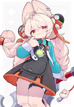 5_fingers anklet anthro biped bottomwear claws clothed clothed_anthro clothed_female clothing ear_piercing female finger_claws fingers front_view fully_clothed fully_clothed_anthro fully_clothed_female fur hair holding_object holding_weapon inner_ear_fluff jewelry looking_at_viewer piercing pink_body pink_fur pink_hair pink_tail red_eyes simple_background smile solo tail topwear tuft weapon young young_anthro young_female devil-vox mihoyo zenless_zone_zero zhao_(zenless_zone_zero) lagomorph leporid mammal rabbit absurd_res hi_res adult_(lore)