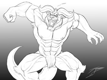 abs anthro fangs front_view glistening glistening_eyes gradient_background horn male muscular muscular_anthro muscular_male nipples nude open_mouth pecs pupils simple_background slit_pupils solo standing teeth crazydrak 2018 dated hi_res monochrome signature