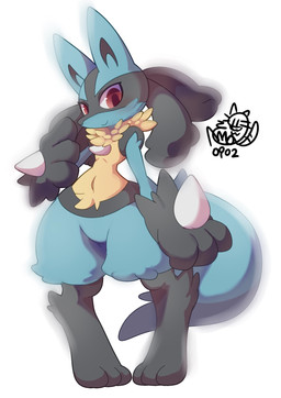 3_fingers 3_toes ambiguous_gender anthro big_hands black_body black_fur black_inner_ear blue_body blue_ears blue_fur blue_tail chest_spike dark_pupils digitigrade featureless_crotch feet fingers front_view fur fur_tuft hand_spike head_tuft iris looking_at_viewer multicolored_body multicolored_fur navel neck_tuft nude pupils red_eyes red_pupils simple_background small_waist smile snout soft_focus solo spikes spikes_(anatomy) standing tail thick_thighs toes tuft white_background yellow_body yellow_fur nyaswitchnya nintendo pokemon generation_4_pokemon lucario pokemon_(species) 2020 digital_media_(artwork) full-length_portrait hi_res portrait signature