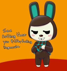 anthro brown_body chibi clothed clothing clothing_lift dialogue dress dress_lift featureless_crotch female grin insult insulting_viewer on_model profanity smile solo standing talking_to_viewer teeth text tooth_gap four-pundo animal_crossing nintendo carmen_(animal_crossing) lagomorph leporid mammal rabbit 2020 english_text full-length_portrait portrait