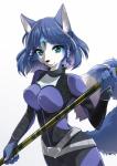 accessory anthro belt black_nose blue_hair bodysuit breasts claws clothing female fur furgonomics green_eyes hair kemono simple_background skinsuit smile solo staff tail tail_accessory tailband tight_clothing namagakiokami nintendo star_fox krystal_(star_fox) canid canine fox mammal 2020 hi_res