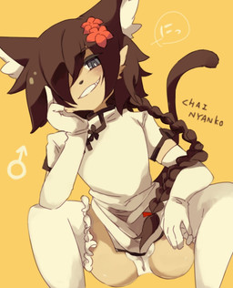 accessory anthro armwear black_nose braided_hair brown_hair bulge butt clothing elbow_gloves femboy flower flower_in_hair fur gender_symbol gloves grey_eyes hair hair_accessory hair_over_eye hand_on_face handwear kemono legwear long_hair looking_at_viewer male male_symbol one_eye_obstructed orange_background plant simple_background smile solo symbol tan_body tan_fur thigh_highs white_body white_fur toumitu mammal 2015