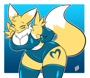 anthro big_breasts bikini bikini_bottom bikini_top breasts clothing eyes_closed female female_anthro food hands_behind_back heart_(marking) legwear markings pocky_game solo swimwear two-piece_swimsuit the_k9_empire vulpinecrew bandai_namco digimon pocky canid digimon_(species) mammal renamon absurd_res hi_res