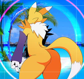 ambiguous_gender anthro armwear armwear_only beach bridal_gauntlets bridal_gauntlets_only butt claws clothing dipstick_ears dipstick_tail ear_markings fur markings mostly_nude multicolored_ears neck_tuft pear-shaped_figure photo_background rear_view solo standing tail tail_markings text thick_thighs tuft wide_hips yellow_body yellow_fur stupidgamer201 bandai_namco digimon canid canine digimon_(species) mammal renamon 2025 artist_name digital_drawing_(artwork) digital_media_(artwork) hi_res mixed_media photography_(artwork) portrait three-quarter_portrait