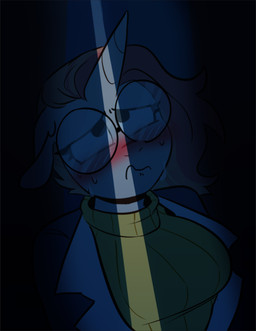 anthro blush bodily_fluids clothing eyewear female glasses grey_body hair horn jacket light light_beam orange_hair picture_book round_glasses shadow solo sweat sweatdrop sweater topwear turtleneck redxbacon dastchu_(author) mythology fan_character scribble_snug_(oc) equid equine mammal mythological_creature mythological_equine unicorn