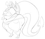 anthro belly bottomwear breasts cleavage clothed clothing female looking_back navel obese obese_anthro obese_female overweight overweight_anthro overweight_female pants shirt side_view smile solo standing tail thick_tail topwear wide_hips wings aimbot-jones mythology nintendo pokemon valentina_(aimbot-jones) charizard dragon generation_1_pokemon mythological_creature mythological_scalie pokemon_(species) scalie 2022 hi_res monochrome sketch