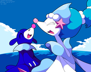 ambiguous_gender blue_body blue_hair cloud duo eyelashes eyes_closed fangs feral gem hair markings open_mouth pearl_(gem) sea sky starfish_(accessory) teeth tongue water whisker_markings white_body sleepy_sealion nintendo pokemon aquatic asterozoan echinoderm generation_7_pokemon pokemon_(species) popplio primarina starfish 2025 5:4 absurd_res dated hi_res signature father_(lore) father_and_child_(lore) parent_(lore) parent_and_child_(lore)