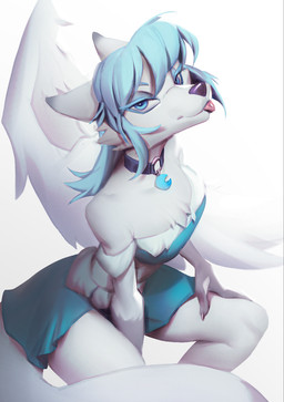 anthro blep blue_clothing blue_eyebrows blue_eyes blue_hair cheek_tuft chest_tuft clothed clothing eyebrows facial_tuft female fur hair high-angle_view looking_at_viewer pink_tongue purple_nose simple_background solo three-quarter_view tongue tongue_out tuft unsigned white_background white_body white_fur shermugi canid mammal hi_res