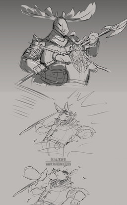 anthro antlers armor breasts clothed clothed_anthro clothed_female clothed_male clothing duo female fight fur hair halberd headgear helmet horn larger_female male melee_weapon polearm size_difference smaller_male weapon jezzlen chuy_(jezzlen) gerry_(mcdoogiy) asinus deer donkey equid equine mammal moose new_world_deer absurd_res hi_res