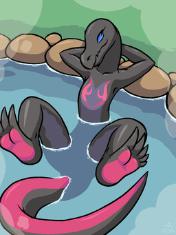 anthro female hands_behind_head hot_spring nude partially_submerged pose reclining semi-anthro solo steam water conditional_dnp grumpyvulpix nintendo pokemon generation_7_pokemon lizard pokemon_(species) reptile salazzle scalie 2016 3:4 aliasing digital_media_(artwork) hi_res pinup signature