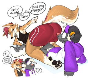 anthro ass_in_face big_butt black_clothing black_shirt black_topwear bottomwear breasts bulge butt butt_in_face claws clothed clothing dialogue duo feral fur hair hoodie imminent_fart looking_at_butt looking_back male paws presenting presenting_hindquarters shirt shorts smile smirk speech_bubble tail teeth text tight_bottomwear tight_clothing tight_shorts topwear yellow_body yellow_fur iamapoliceman popo_(iamapoliceman) sydney_(sodawunk) canid canine canis jackal mammal mephitid rodent skunk hi_res