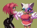 accessory alternate_costume anthro big_breasts bodysuit bra_lines breasts butt clothing clothing_swap dress duo eyeshadow female fur gloves green_eyes hair_accessory hairband handwear huge_breasts latex makeup pink_body pink_fur skinsuit tight_clothing tight_dress white_body white_fur gaussnek sega sonic_the_hedgehog_(series) amy_rose rouge_the_bat bat eulipotyphlan hedgehog mammal absurd_res hi_res