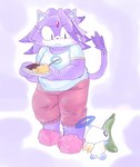 2023 alternate_hairstyle ambiguous_gender anarchoblues anthro belly biped blaze_the_cat breasts chao_(sonic) clothed clothing cucumber cutlery domestic_cat duo eyelashes felid feline felis female food footwear frown fruit full-length_portrait hair hair_down halo hero_chao hi_res holding_food holding_object holding_plate kitchen_utensils looking_at_another looking_down_at_another mammal medium_breasts overweight overweight_anthro overweight_female plant plate portrait purple_background purple_body purple_hair sega shirt shoes simple_background slippers sonic_the_hedgehog_(series) standing sweatpants tail tools topwear vegetable white_body wings