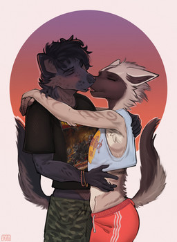 anthro bottomwear camo camo_bottomwear camo_clothing camo_print camo_shorts clothing crop_top duo eyes_closed fluffy hand_on_back hand_on_hip hand_on_shoulder happy kissing male male/male pattern_bottomwear pattern_clothing pattern_shorts romantic romantic_couple shirt shorts tongues_touching topwear wristband syn-6 bolt_thrower hard_rock_cafe shekh tesamo_(syn-6) hyena mammal spotted_hyena striped_hyena