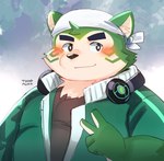 anthro belly black_nose blush clothing green_body male overweight shirt solo topwear tongmung24 lifewonders live_a_hero mokdai canid canine canis domestic_dog mammal 2022 absurd_res hi_res