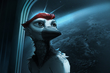 anthro beak black_body black_feathers brown_eyes casual_nudity detailed_background feathers glistening glistening_eyes grey_eyes hair indoor_nudity inside light male male_anthro neck_tuft nude nude_anthro nude_male planet red_body red_feathers red_hair smile solo space star tuft white_body white_feathers window red_rooster layvan avian bird picid woodpecker 2026 bust_portrait detailed digital_media_(artwork) hi_res portrait
