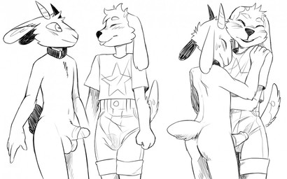 anthro anthro_on_anthro balls blush butt clothed clothing collar collar_only duo eyes_closed fur genitals horn hug macro male male/male nude open_mouth penis simple_background smile tail tongue tongue_out scotch_(artist) ned_(scotch) yagi_(scotch) bovid canid canine caprine goat mammal digital_media_(artwork) monochrome