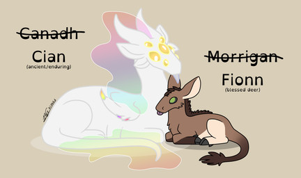4_arms 4_ears 6_limbs blep brown_body brown_fur cloven_hooves dewclaw_hooves dipstick_tail duo feathers feral fur gloves_(marking) green_eyes hair hooves intersex loaf_pose mane mane_hair markings multi_arm multi_ear multi_eye multi_limb multicolored_mane naked_wings name_tag no_pupils rainbow_mane tail tail_markings tan_body tan_fur tongue tongue_out white_body white_feathers yellow_eyes crested_stag cian_(crested_stag) fionn_(crested_stag) angel deer demon mammal absurd_res hi_res trans_(lore) trans_man_(lore)