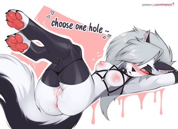 4_toes anthro anus arm_warmers armwear black_claws black_clothing black_legwear black_stockings blush bodily_fluids butt choker claws clothed clothing collar dialogue digitigrade drip_effect feet female female_anthro fur genitals grey_body grey_fur grey_hair hair heart_catchlight heart_pair heart_symbol hearts_around_text humanoid_genitalia humanoid_vulva jewelry legs_up legwear looking_at_viewer lying necklace nipples notched_ear on_back panties panties_down partially_clothed pawpads paws pink_anus pink_pawpads pink_vulva presenting red_sclera solo spiked_collar spikes stockings sweat talking_to_viewer text text_with_heart thigh_highs toe_claws toeless_legwear toeless_stockings toes topwear underwear underwear_down vulva white_body white_eyes white_fur conditional_dnp loonanudes hellaverse helluva_boss mythology loona_(helluva_boss) canid canid_demon canine demon hellhound mammal mythological_canine mythological_creature 2022 english_text