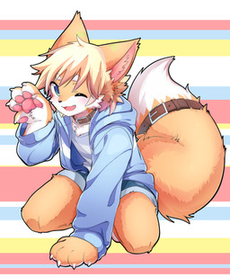 5_fingers accessory anthro biped bottomwear buckle buckled_collar claws clothed clothed_anthro clothed_male clothing collar cute_fangs dipstick_tail fangs finger_claws fingerpads fingers fur furgonomics inner_ear_fluff looking_at_viewer male male_anthro markings one_eye_closed orange_body orange_fur pattern_background pawpads paws shorts simple_background sitting solo striped_background tail tail_accessory tail_markings teeth three-quarter_view tuft wariza white_body white_fur wink winking_at_viewer young young_anthro young_male zorodora canid canine fox mammal 2019 absurd_res digital_media_(artwork) hi_res
