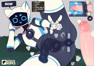 anal anthro balls bodily_fluids cum cum_inside duo ejaculation erection foreskin genital_fluids genitals gesture hand_gesture heart_symbol machine male male/male musk penis raised_leg screen screen_face sex text v_sign ra4s voices_of_the_void kerfur_omega_(votv) felid feline mammal robot absurd_res english_text hi_res url