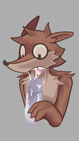 after_oral anthro bodily_fluids brown_body brown_fur cum cum_in_mouth cum_inside cum_on_penis disembodied_penis duo fur genital_fluids genitals grey_background hand_on_penis looking_at_genitalia looking_at_penis male male/male penis simple_background solo_focus tan_body tan_fur lewdraru cartoon_network regular_show rigby_(regular_show) mammal procyonid raccoon absurd_res hi_res