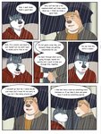 2020 3:4 anthro bear blue_eyes canid canine canis clothed clothing comic dialogue domestic_dog english_text facial_hair fur group hi_res husky male mammal nordic_sled_dog outside rain-yatsu rainier_(rain-yatsu) raining rick_(rain-yatsu) seattle_fur simple_background spitz text umbrella