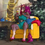 anthro blonde_hair blue_pillow chair christmas_tree clothing dessert detailed_background dress female food fur furniture green_clothing green_dress green_pillow grey_body hair holidays hooves horn multicolored_hair on_chair orange_eyes pillow plant purple_body purple_fur purple_hair short_dress sitting sitting_on_chair solo teapot tree unicorn_horn white_body yellow_chair gronnulv christmas mythology zoey_(night242) equid equine horse mammal mythological_creature mythological_equine unicorn