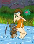 anthro brown_body brown_fur brown_hair butt butt_grab detailed_background duo eyewear female female_on_anthro forest fur glasses hair hand_on_butt human_on_anthro interspecies larger_female larger_human looking_at_another looking_at_butt looking_back male male/female male_on_human melee_weapon navel outside partially_submerged plant polearm pond size_difference smaller_anthro smaller_male spear standing tongue tongue_out towel towel_only tree water weapon vkyrie hanna-barbera scooby-doo_(series) star_wars velma_dinkley ewok human mammal 2008 signature