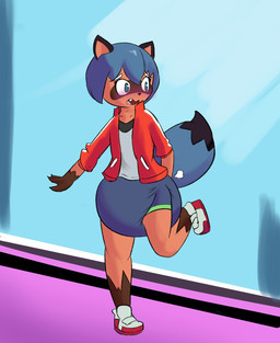 abstract_background anthro big_diaper blue_eyes blue_hair blush bottomwear clothed clothing diaper diaper_bulge diaper_puff diaper_under_clothing dipstick_tail embarrassed facial_markings female flat_chested footwear frown gloves_(marking) hair head_markings jacket leg_markings looking_back markings mask_(marking) on_one_leg one_fang open_frown open_mouth orange_body shirt shoes short_hair shorts shy sneakers socks_(marking) solo standing tail tail_markings topwear touching_diaper wearing_diaper maeesthetic brand_new_animal studio_trigger michiru_kagemori canid canine mammal raccoon_dog tanuki 2020 digital_media_(artwork) full-length_portrait hi_res portrait unavailable_at_source
