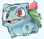 ambiguous_gender blue_background blush bud_(flower) claws doneru fangs feral generation_1_pokemon green_body hi_res ivysaur leaf looking_at_viewer markings nintendo pokemon pokemon_(species) quadruped simple_background slightly_chubby slightly_chubby_feral smile solo teeth