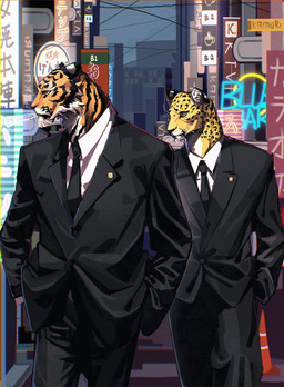 accessory anthro black_body black_bottomwear black_clothing black_ears black_fur black_necktie black_pants black_suit bottomwear cigarette cigarette_in_mouth city cityscape clothed clothing duo fur hand_in_pocket necktie object_in_mouth orange_body orange_fur pants pockets smoking suit topwear white_clothing white_topwear yellow_body yellow_fur lljh felid leopard mammal pantherine tiger 2023 hi_res