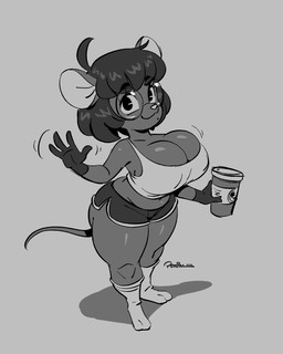 anthro big_breasts biped bottomwear breasts cleavage clothed clothing container cup eyewear female footwear glasses hair holding_container holding_cup holding_object pupils shorts smile socks solo thick_thighs topwear joaoppereiraus gwen_geek gwen_martin mammal mouse murid murine rodent 2026 hi_res monochrome