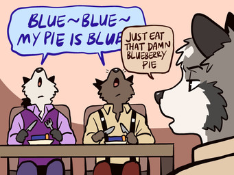 anthro black_body black_fur black_nose black_tail_tip blue_speech_bubble blueberry_pie brown_clothing brown_shirt brown_speech_bubble brown_topwear buckle cheek_markings clothing cutlery dipstick_tail ears_down exclamation_point facial_markings food fork fur furniture grey_body grey_fur group hair head_markings humor kitchen_utensils knife male markings multicolored_body pastry pie pivoted_ears ponytail purple_clothing purple_shirt purple_topwear purple_vest shirt shirt_grab simple_background singing solo speech_bubble suspenders table tail tail_markings tan_tail_tip text tools topwear trio unimpressed vest white_body white_fur fruitz fiz_(fruitz) rut_(fruitz) tristan_(fruitz) canid canine fox mammal marble_fox red_fox true_fox 4:3 digital_media_(artwork) english_text hi_res sketch story story_in_description brother_(lore) brothers_(lore) sibling_(lore)