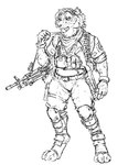 ammunition anthro ear_piercing ear_ring female gun leg_armor looking_aside military_clothing military_jacket military_pants piercing pouch_(clothing) ranged_weapon ring_piercing semi-automatic shotgun simple_background solo weapon hotchkisstank felid feline mammal prehistoric_species saber-toothed_tiger 2022 monochrome