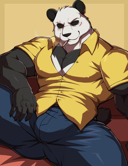 5_fingers anthro biped black_body black_ears black_eyes black_fur black_nose black_tail blue_bottomwear blue_clothing blue_pants bottomwear bulge cigarette cigarette_in_mouth claws closed_smile clothed clothed_anthro clothed_male clothing collared_shirt empty_eyes eye_scar facial_scar finger_claws fingers fur looking_at_viewer male male_anthro mouth_closed multicolored_body multicolored_fur muscular muscular_anthro muscular_male nipple_outline object_in_mouth pants pecs scar shirt short_tail sitting smile smiling_at_viewer smoke smoking smoking_cigarette solo tail topwear two_tone_body two_tone_fur vein white_body white_fur yellow_clothing yellow_shirt yellow_topwear drks beastars gouhin_(beastars) bear giant_panda mammal 2025 absurd_res digital_media_(artwork) hi_res