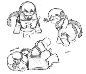 ambiguous_gender anthro babysitting_club booties bound diaper diaper_check gps implied_scat locked_diaper locking_diaper_cover mitts self-bondage solo struggling stuck tail tracking_device young young_anthro ludis-luteo jyrafk unknown_species monochrome