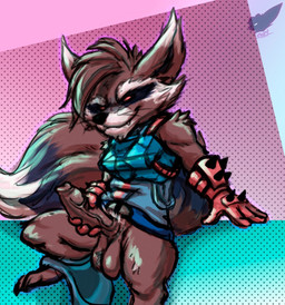 anthro armor ball_tuft balls black_body black_fur blue_armor bottomwear bottomwear_down brown_body brown_fur brown_hair clothed clothing foreskin fur genitals gloves hair handwear humanoid_genitalia humanoid_penis looking_at_viewer male mohawk pants pants_down partially_clothed penis red_clothing red_gloves red_handwear simple_background solo spiked_gloves spikes tuft vein veiny_penis white_body white_fur fennephilim_fox guardians_of_the_galaxy marvel marvel_rivals rocket_raccoon mammal procyonid raccoon hi_res