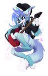 4_toes 5_fingers anthro barefoot blue_eyes breasts eyebrows eyelashes feet female fingers guitar hair musical_instrument plucked_string_instrument simple_background smile solo string_instrument toes white_background wolflady amphilyke canid canine mammal 2022 digital_media_(artwork)