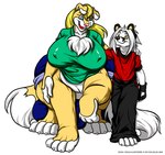 anthro big_breasts big_bulge blonde_hair blue_eyes bottomwear breasts bulge chest_tuft clothing detailed_bulge female fur gynomorph hair huge_breasts huge_bulge hyper hyper_bulge intersex male multicolored_body multicolored_fur pants shirt topwear tuft two_tone_body two_tone_fur white_hair yellow_eyes deonwolf deon_(deonwolf) peach_(deonwolf) canid canid_taur canine canine_taur canis mammal mammal_taur taur wolf 2009 digital_media_(artwork)