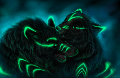 ambiguous_gender bioluminescence black_spiral_dancer duo facial_markings fangs feral glowing glowing_eyes glowing_markings green_eyes head_markings markings radioactive teeth snowwolfmystic mythology werewolf_the_apocalypse white_wolf_publishing world_of_darkness_(series) fan_character noxious_(vermiis) toxic_(vermiis) canid canine canis mammal mythological_canine mythological_creature werecanid werecanine werecreature werewolf wolf 2012 sibling_(lore) twins_(lore)