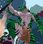 anthro balls bottomwear claws clothed clothing fangs fur genitals green_body green_fur inner_ear_fluff loincloth low-angle_view male muscular muscular_anthro muscular_male nipples outside pawpads paws penis penis_poking_out plant smile smirk solo striped_body striped_fur stripes teeth topless tree tuft white_body white_fur yellow_eyes negy plasdurock felid mammal pantherine tiger 2017