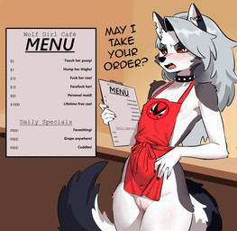 annoyed anthro apron apron_only barely_visible_genitalia barely_visible_vulva blush body_blush breasts cafe choker claws clothing dialogue ear_tuft employee fat_mons female flat_chested fur genitals glistening glistening_genitalia glistening_thighs glistening_vulva hair holding_object innie_vulva jewelry leaning leaning_on_object logo long_hair makeup menu menu_board necklace nipples open_mouth partially_visible_genitals piercing pink_nipples plump_labia profanity prostitution red_eyes red_sclera sharp_teeth slim small_breasts solo spiked_choker standing tail teeth text thick_thighs tuft undersized_clothing vulva vulva_blush white_body white_fur remesh hellaverse helluva_boss mythology loona_(helluva_boss) canid canid_demon canine demon hellhound mammal mythological_canine mythological_creature absurd_res digital_drawing_(artwork) digital_media_(artwork) english_text hi_res portrait