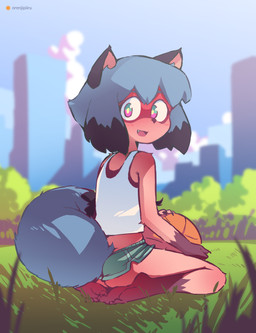 5_toes aged_down anthro ball barefoot basketball_(ball) black_nose bottomwear brown_body brown_fur butt clothing curling_toes cute_fangs day dipstick_tail dolphin_shorts fangs feet female fur grass hair humanoid_feet kneeling looking_at_viewer markings open_mouth outside plant plantigrade shirt shorts smile soles solo tail tail_markings tank_top teeth toes topwear orenjipiiru brand_new_animal studio_trigger michiru_kagemori canid canine mammal raccoon_dog tanuki 2020 hi_res