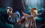 16:10 blue_hair brown_body brown_feathers brown_fur day detailed_background duo equid equine feathered_wings feathers feral forest friendship_is_magic fur green_eyes hair hasbro hi_res holding_melee_weapon holding_object holding_sword holding_weapon l1nkoln male mammal melee_weapon my_little_pony mythological_creature mythological_equine mythology object_in_mouth outside pegasus plant royal_guard_(mlp) sword sword_in_mouth tree weapon widescreen wings